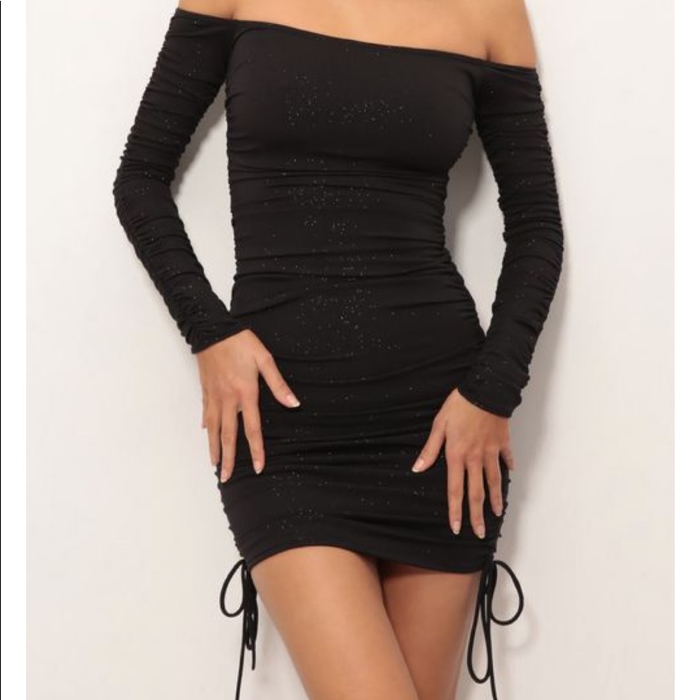 Black Shimmer Runched Off Shoulders Dress Lucy In The Sky